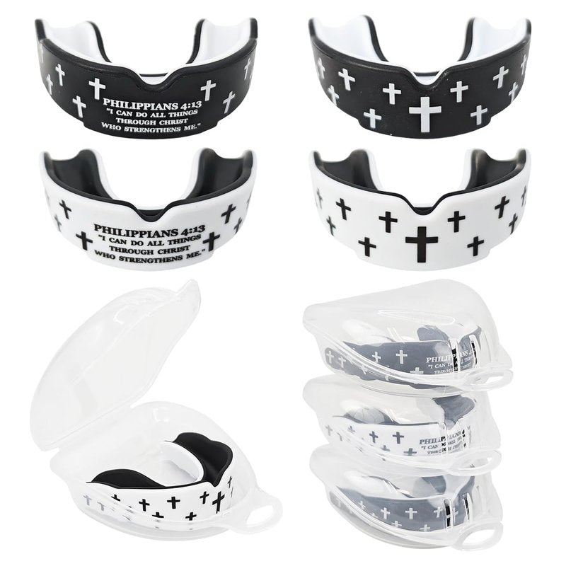 Piemow 4 Pcs Mouth Guard - Faith Cross Mouthguard with Case, Religious Mouth Guards Braces for Football Boxing Basketball Lacrosse Hockey and All Contact Sports