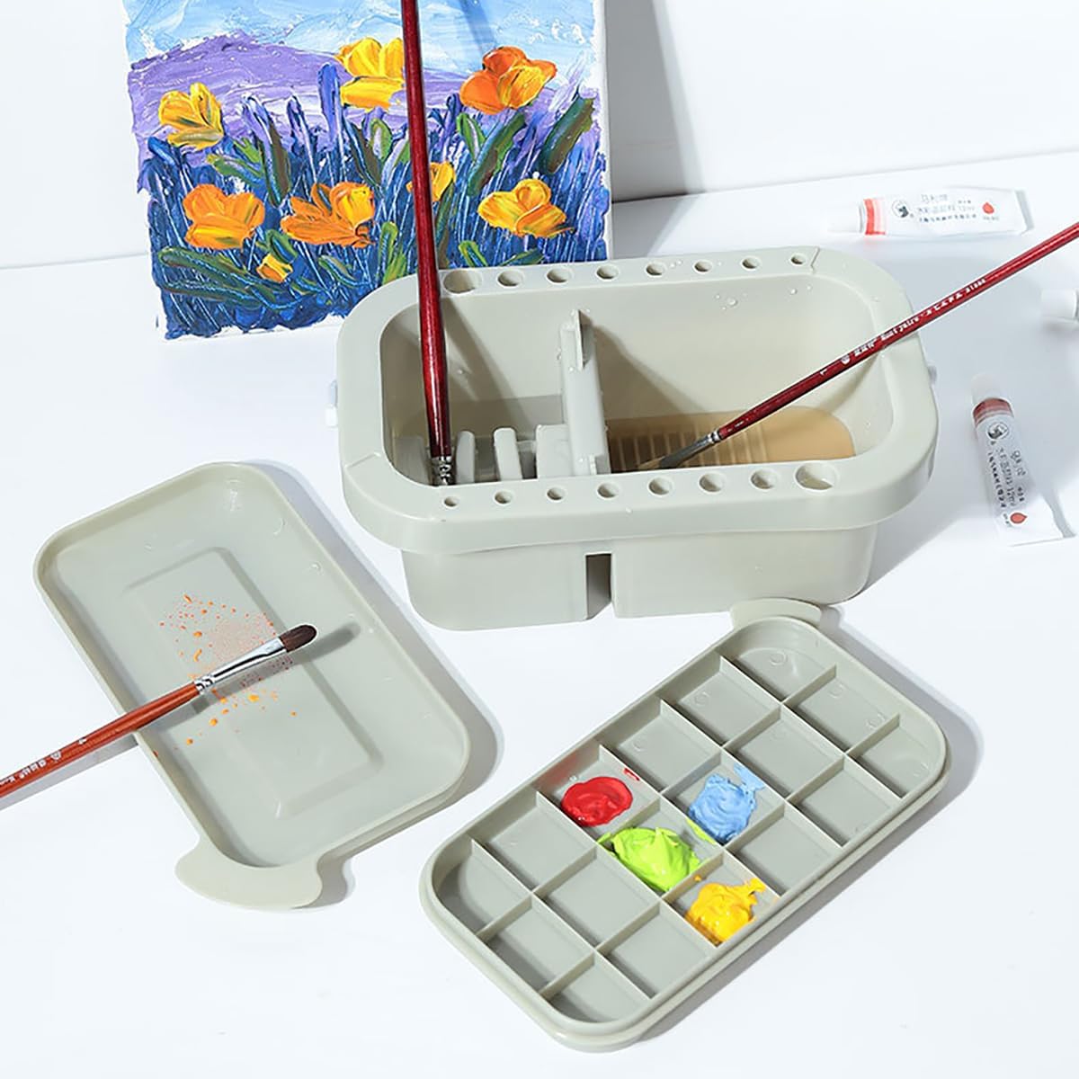 ZLY Paint Brush Cleaner Basin - 10 PCS Paint Brushes & Organizer for Acrylic & Watercolor (Gray)