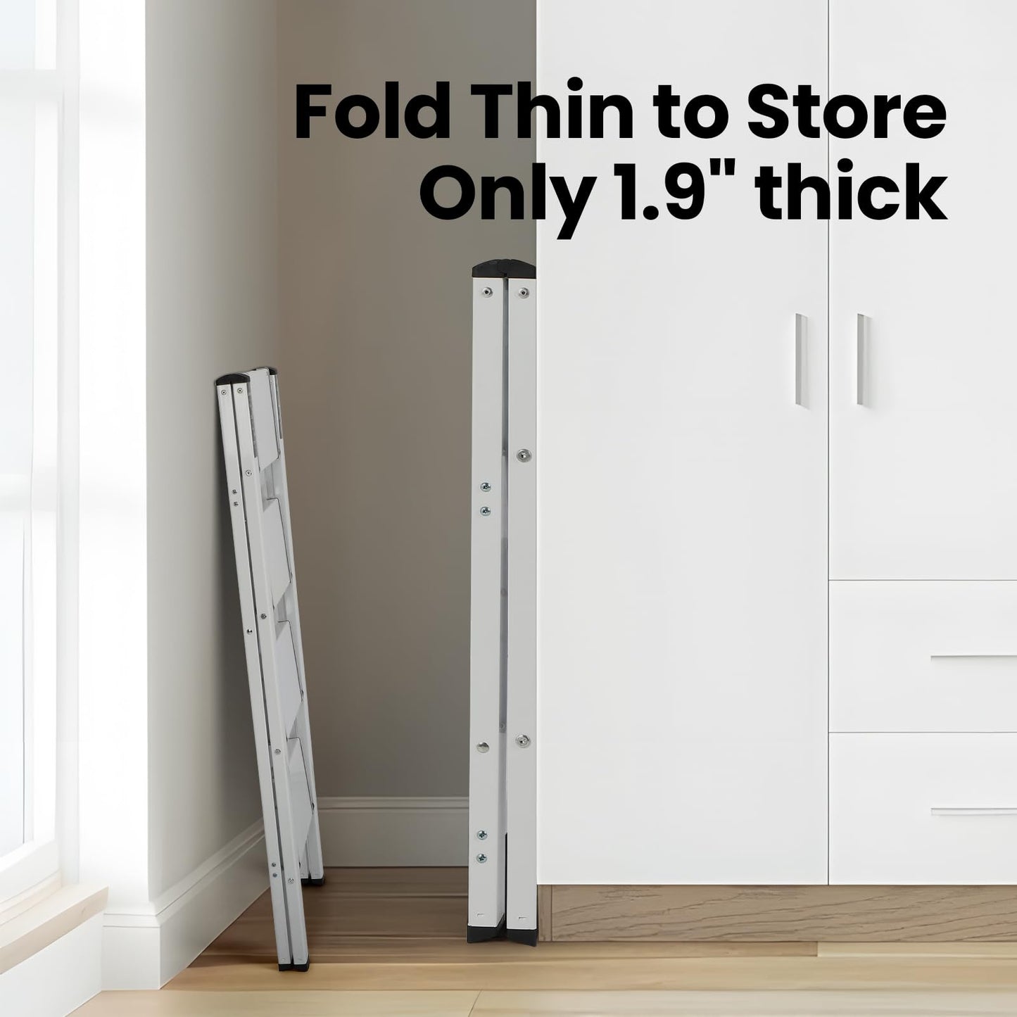 FAHKNS 4 Step Ladder, Aluminum Folding Step Stool with Anti-Slip Sturdy and Wide Pedal, Portable Space Saving Closet Step Stool for Home and Kitchen, Step Stools for Adults, White, 330Lbs