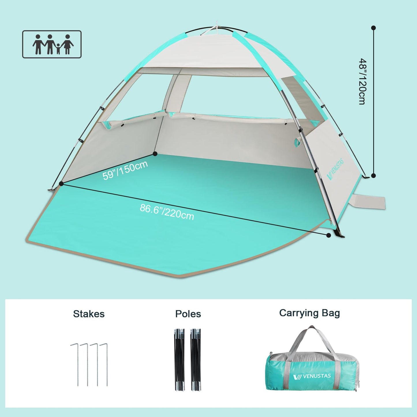 Venustas Beach Tent Sun Shelter for 3/4-5/6-7/8-10 Person, UPF 50+ UV Protection Beach Canopy, Lightweight and Easy Setup Cabana, Portable Beach Shade Tent