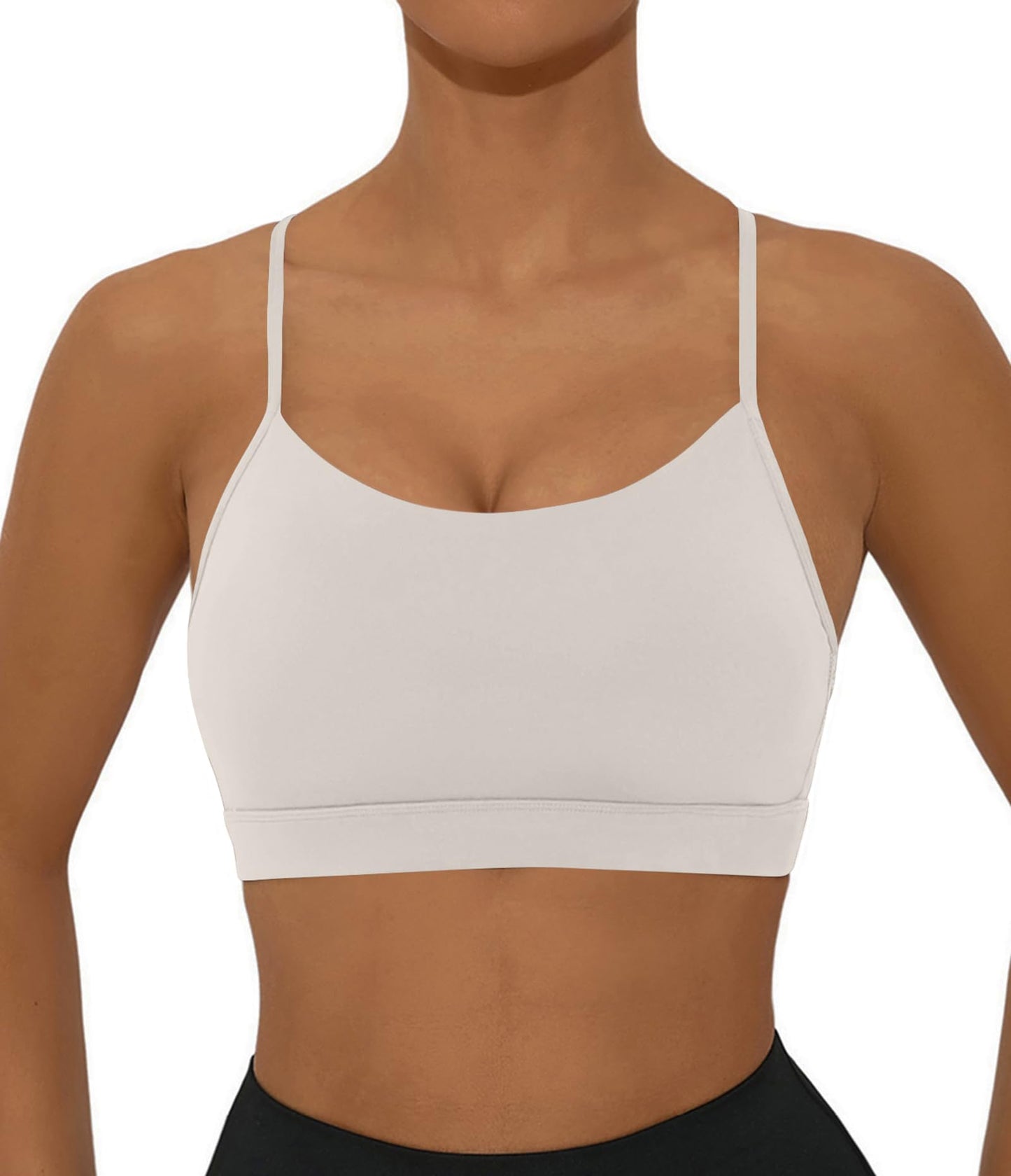 Y Back Sports Bra for Women Low Impact Racerback Workout Bras Sexy Thin Straps Yoga Sport Bras with Removable Pads(Beige-M)