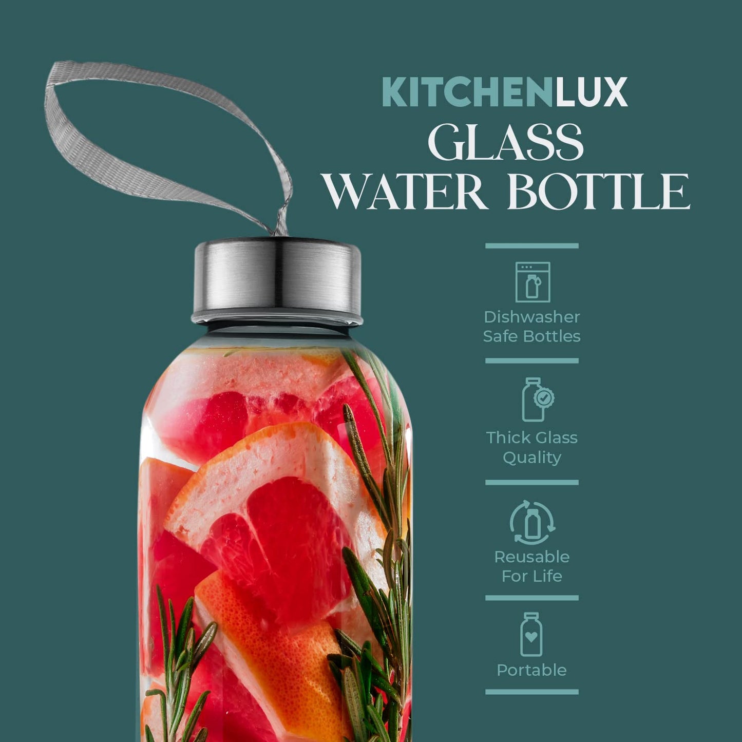 Kitchen Lux 16 Ounce Glass Water Bottles, Reusable Water Bottles with Airtight, Pack of 12, Stainless Steel Lids Carrying Strap And Nylon Water Bottle Protective Sleeves for Hot Or Cold Drinks