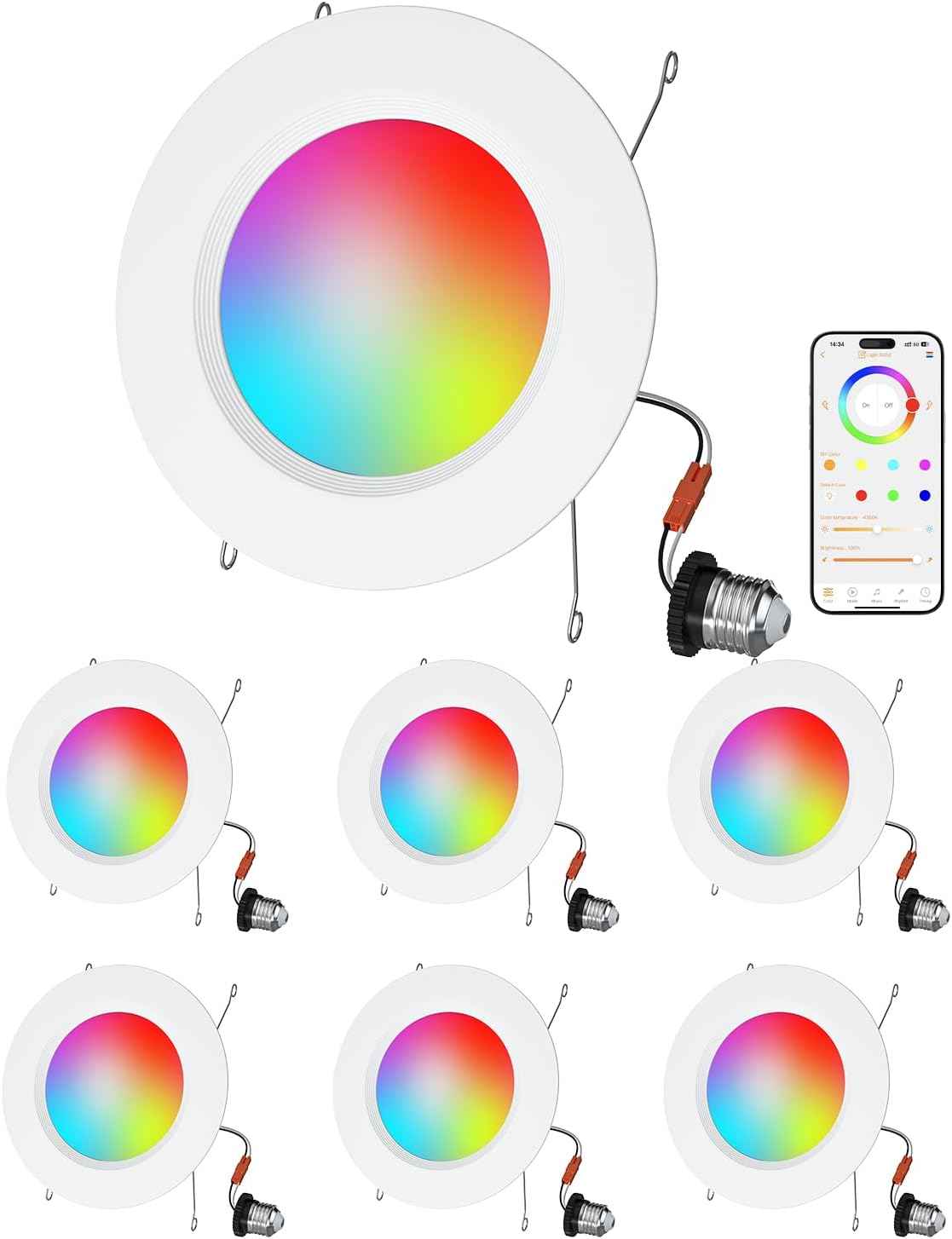 Smart RGB LED Recessed Lighting 6 Inch - Bluetooth Can Lights, 13W Color Changing, Alexa Compatible, 6-Pack for Bedroom, Living Room, Kitchen