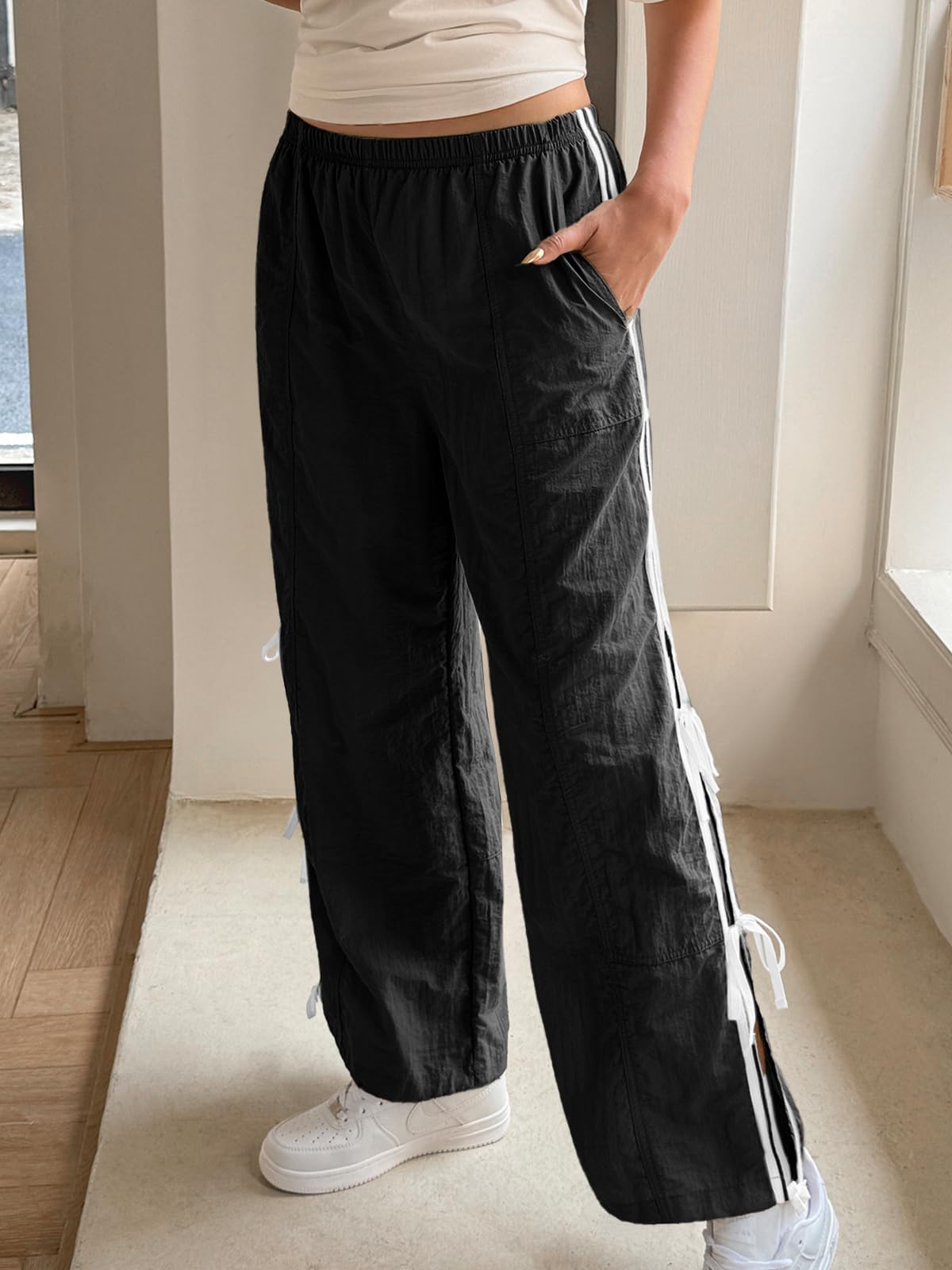 Fisoew Womens Wide Leg Track Pants Casual Elastic Waist Bow Tie Y2K Baggy Sweatpants with Pockets Black