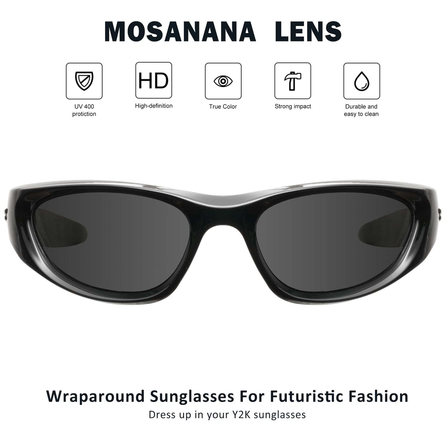 mosanana Y2k Wrap around Sunglasses for Women Men Trendy Cool Cute Funky Fashion Retro Vintage Black Baddie Stylish 90s Aesthetic Shade Sunnies Futuristic Chunky Cyber Ladies Sun Glasses Frame Freak