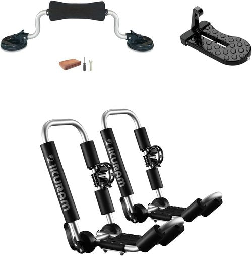 **Skiennix Kayak Roof Rack - Aluminum Folding J-Style Carrier with Roller & Door Step | Universal Fit for Canoes, SUPs, & Surfboards**