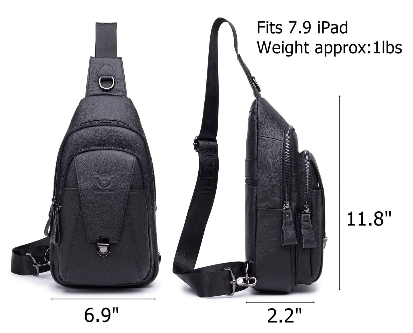 BULLCAPTAIN Leather Sling Bag for Men Multi-pocket Crossbody Chest Bag Travel Casual Shoulder Backpack (Black)