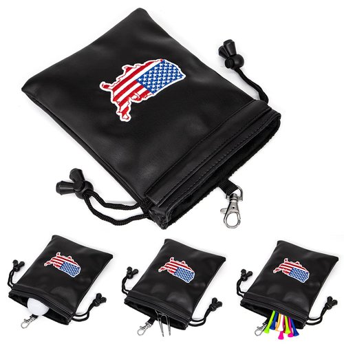American Flag Golf Valuables Pouch Bag with Drawstrings - Pu Leather Golf Tee Pouch for Men Black