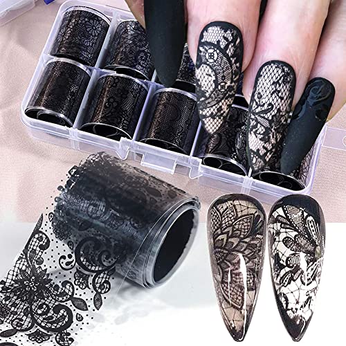 10 Rolls Black Lace Holographic Nail Foil Transfer Stickers - Colorful