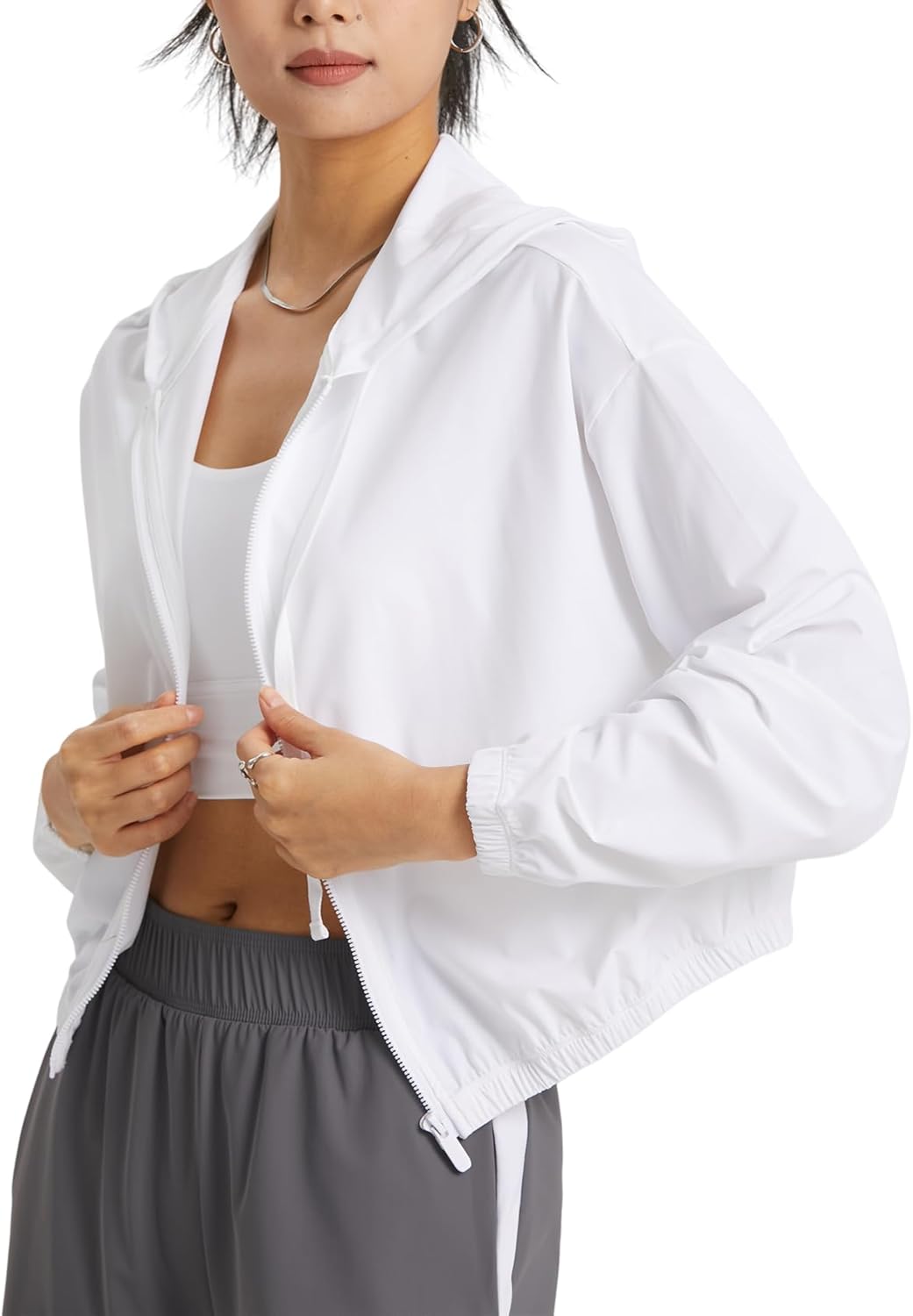 Wyeysyt Women's UPF 50+ UV Sun Protection Cropped Jacket - Athletic Zip-Up Hoodie in White, XL