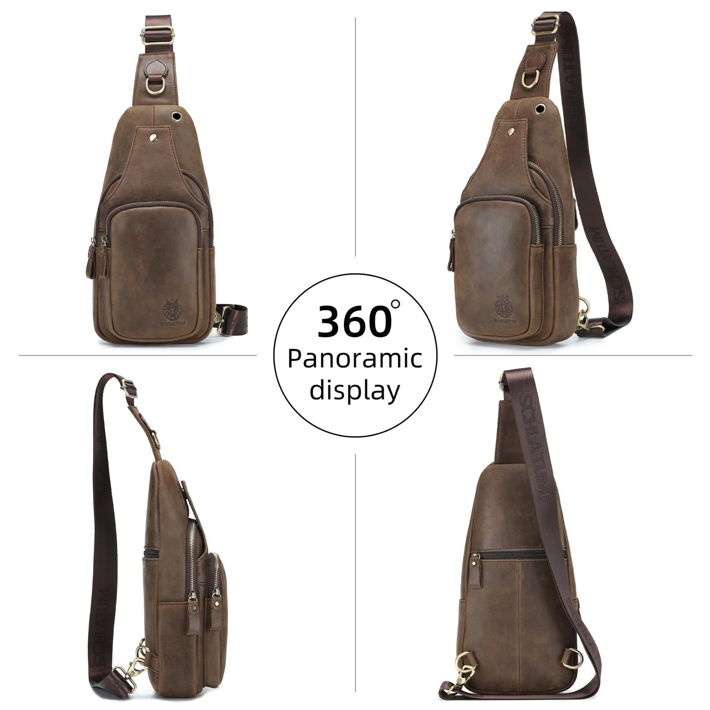 SCHLATUM Mens Sling Bag Genuine Leather Crossbody Bags for Men Small Sling Chest Backpack Casual Man Bag Hiking Outdoor, Coffee