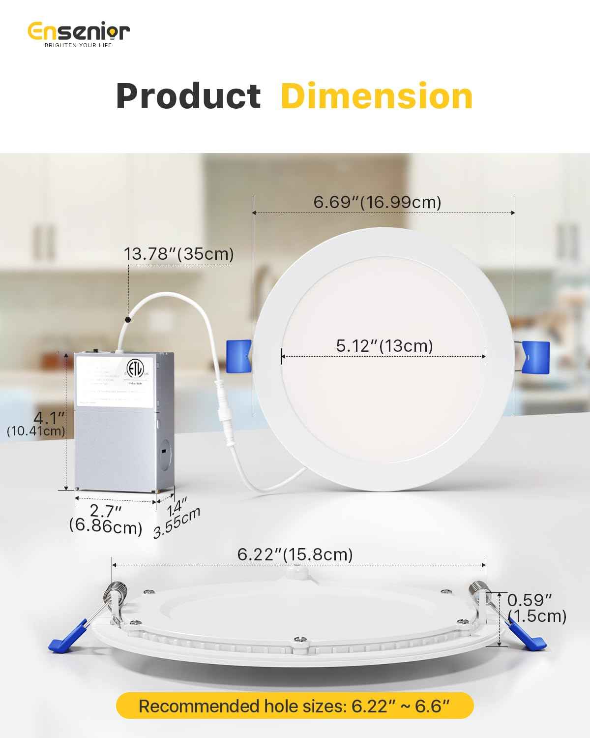 Ensenior 6 Pack 6 Inch LED Recessed Light, Dimmable, 2700K-5000K 5CCT, 1200LM High Brightness, 12W 120V, Damp Rated, ERL-12X-ETL, Ultra-Thin Canless Wafer Ceiling Light - ETL & FCC & IC