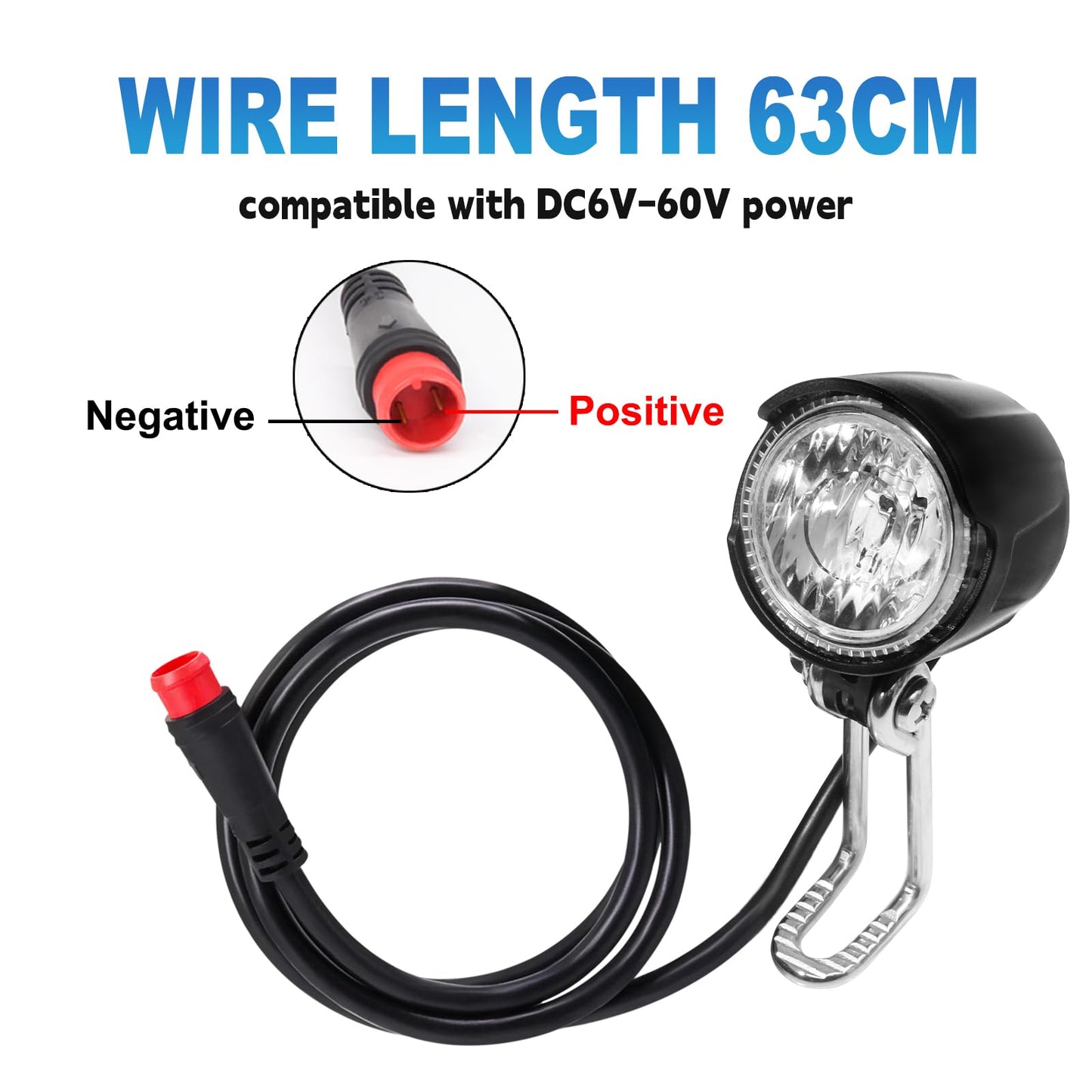 Universal eBike Headlight, 2 Pin Waterproof Connector, Wide Voltage DC 6V - 60V, Compatible with Electric Bike Bicycle Motorcycle & Scooter