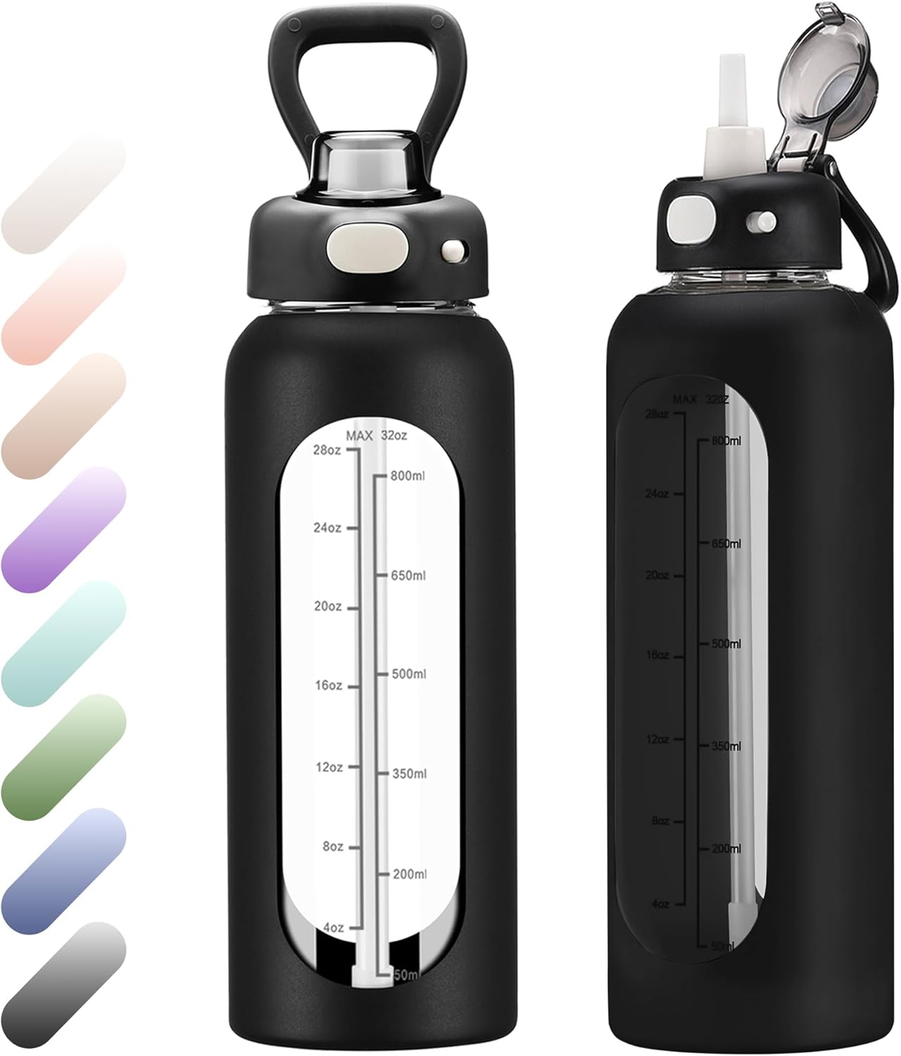 SIEROZUR 32 oz Glass Water Bottle - Durable with Straw, Handle & Silicone Sleeve | Time Marker for Gym & Travel