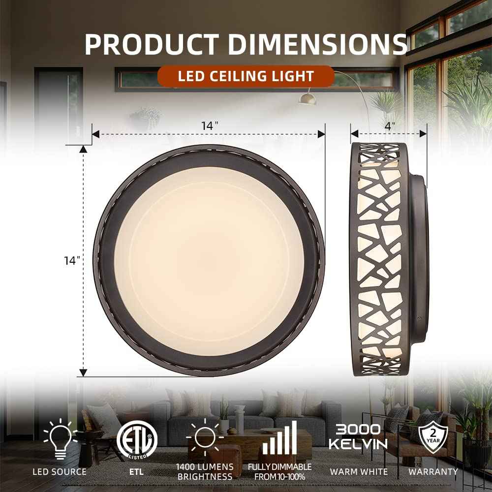 VICNIE LED Flush Mount Ceiling Light 2 Pack, 14 Inch 20W Dimmable Round Deco Lighting Fixture Oil Rubbed Bronze Finished,1400 Lumens 3000K Warm White, ETL Listed Metal Body White Acrylic Lampshade