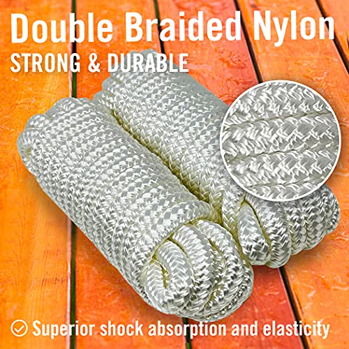 Better Boat 3/8" x 15 ft Dock Lines - White, 2 Pack | Double Braided Nylon