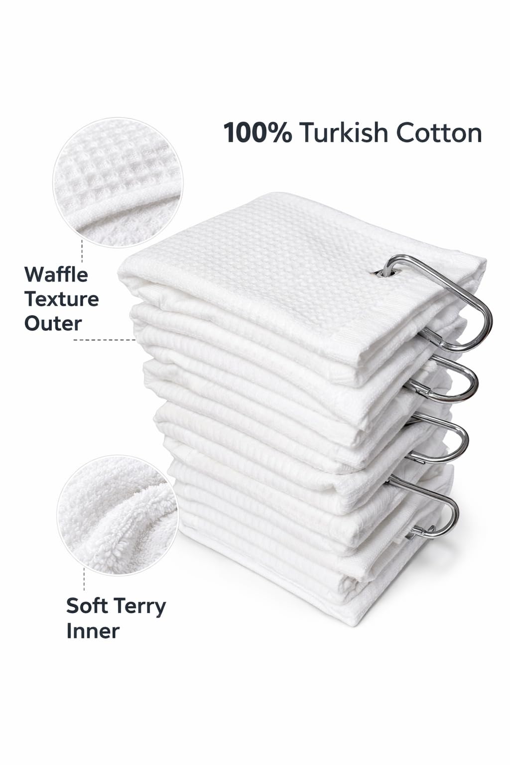 3 Pack -12"x19" Tri-fold Golf Towel with Metal Bag Clip, Cotton Terry-Waffle Cloth Golf Towels for Men&Women Lover Boyfriend Dad Gifts(White)