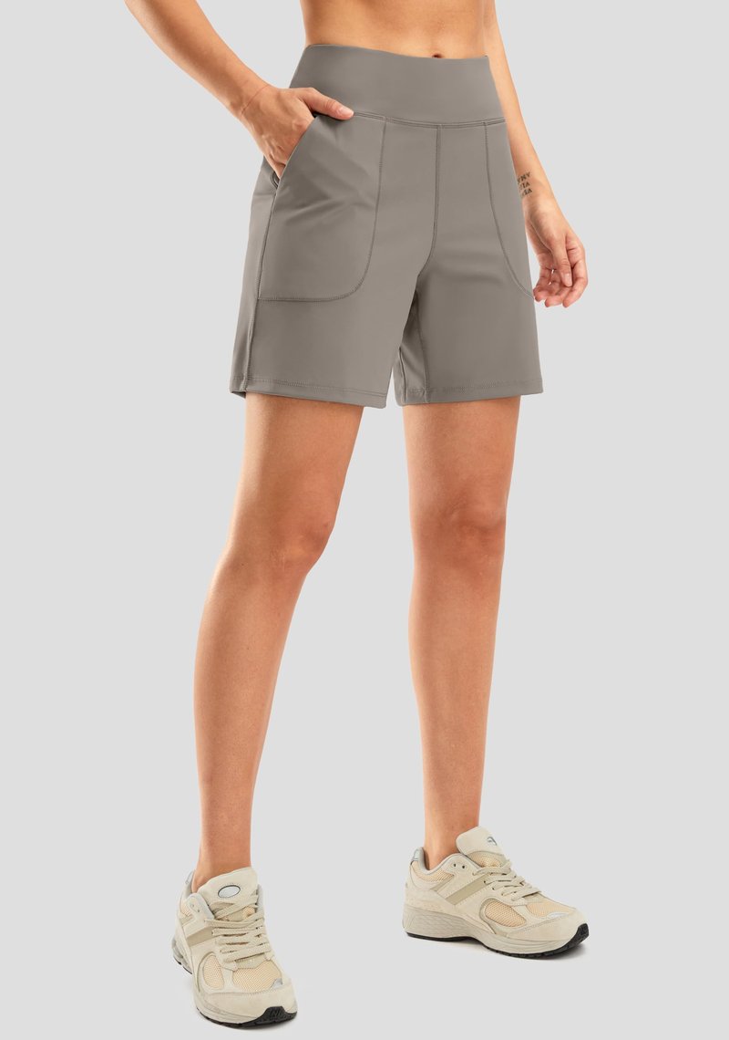 SANTINY Women's 6'' Athletic Long Shorts with 4 Pockets High Waisted Bermuda Shorts for Women Walking Running Casual (Light Khaki_M)
