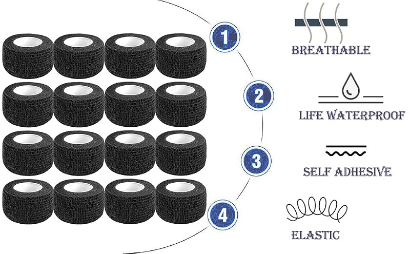 Self-Adhesive Bandage Wrap - 1 Inch Black Cohesive Tape - 16 Rolls