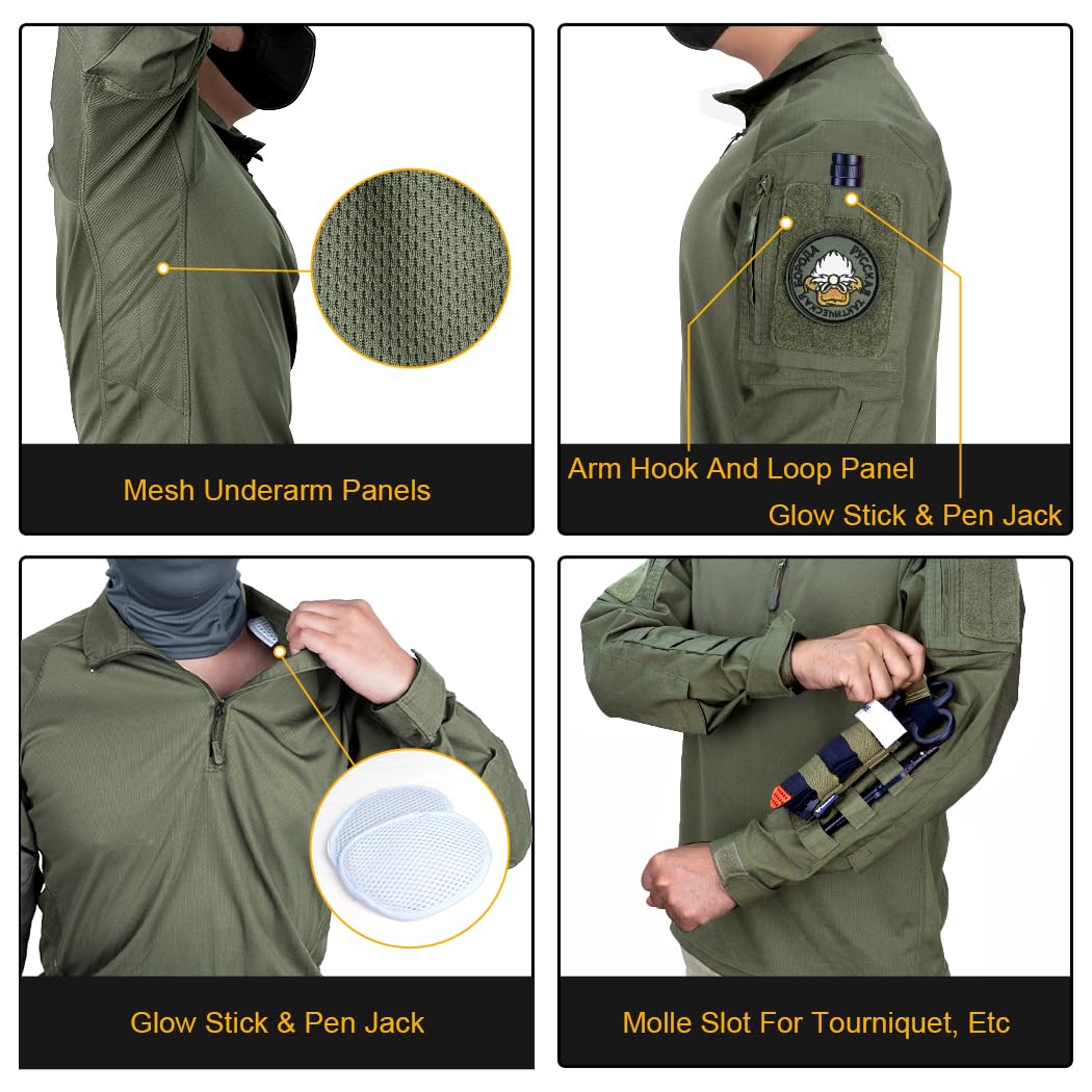 IDOGEAR Men’s Combat Shirts Tactical Long Sleeve Shirt with Elbow Pads Military BDU Shirts with Pockets Airsoft Clothing(Ranger Green,Medium)