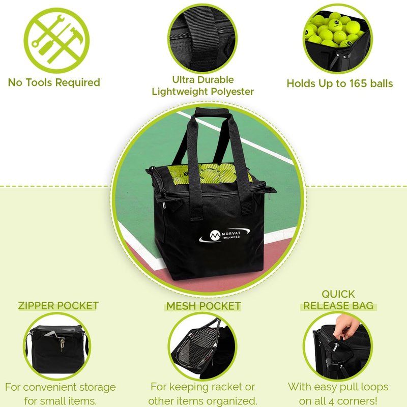 Morvat Tennis Ball Cart 2.0 with Replacement Bag, Portable & Lightweight, Foldable Frame, 1 Year Warranty