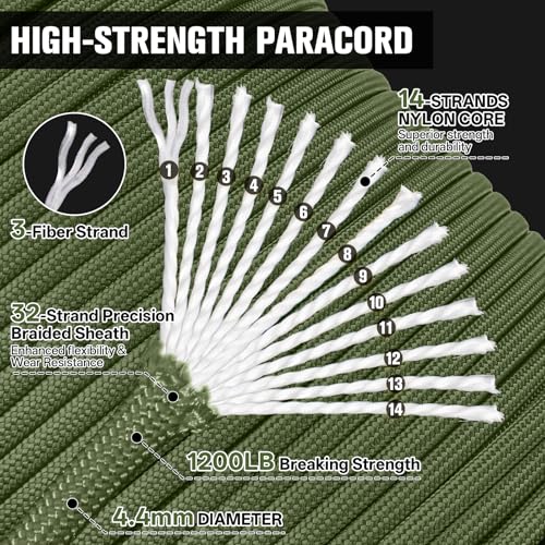 1200lb Paracord Rope - 4.4mm 14 Strand Nylon - Army Green 50ft