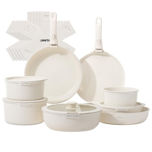 JEETEE 25pcs Pots and Pan Set Non Stick,Detachable Handle Cookware Set,Induction Cooking & RV Camping Stackable Pots Pans，Healthy Kitchen Cookware Set PFAS/PFOA Free Beige