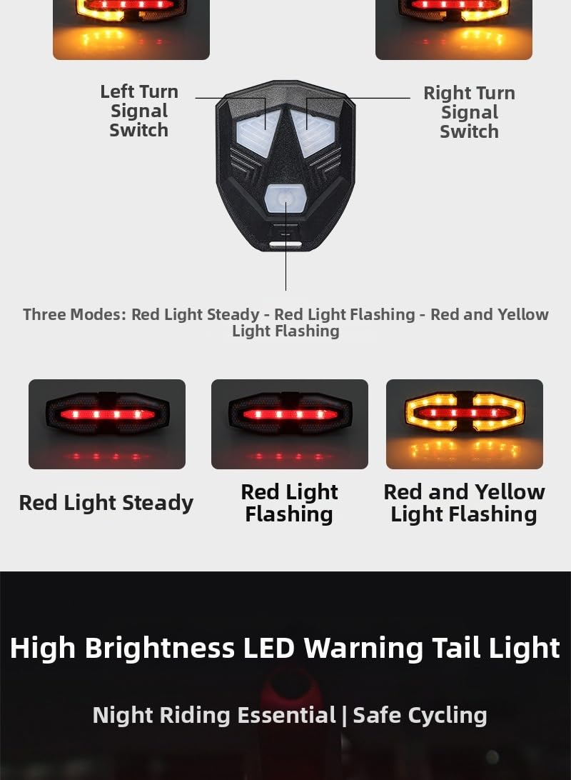 Laibgvhdt Electric for Lighting，Bicycle Remote Control Warning Taillights with Horn Sound, Left and Right Turn Signals, Type-c Charging Taillights, Night Riding Lights (Black)