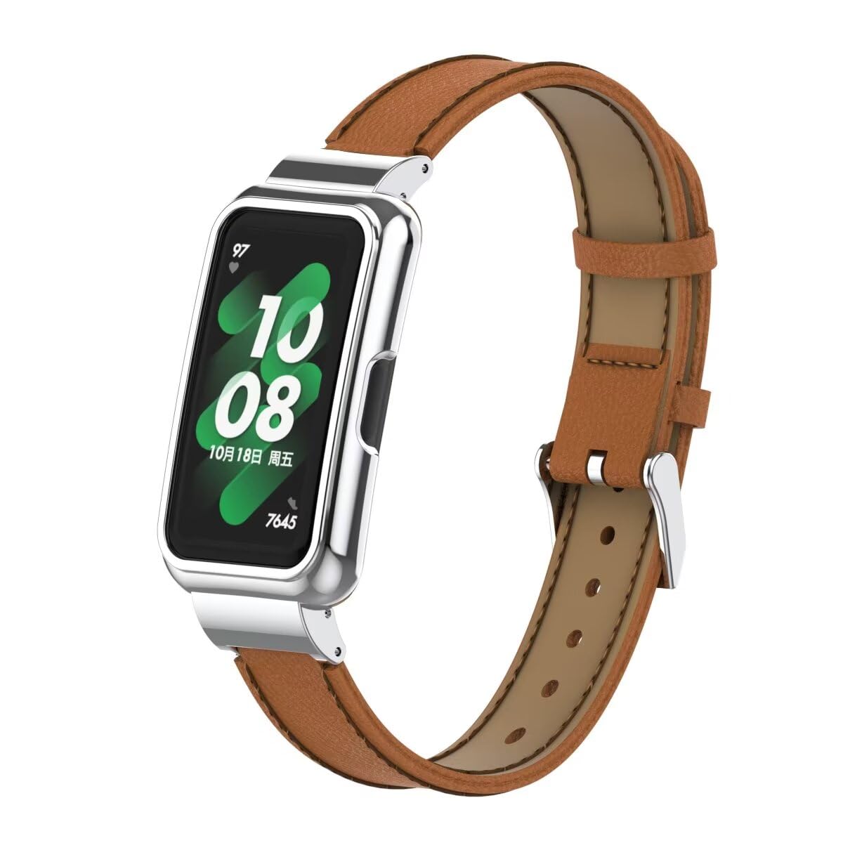 T-BLUER Bands Compatible for Huawei Band 10/9/8/7,Leather Replacement Bracelet Strap Accessories with Metal Frame for Huawei Band 7/8/9/10 Brown