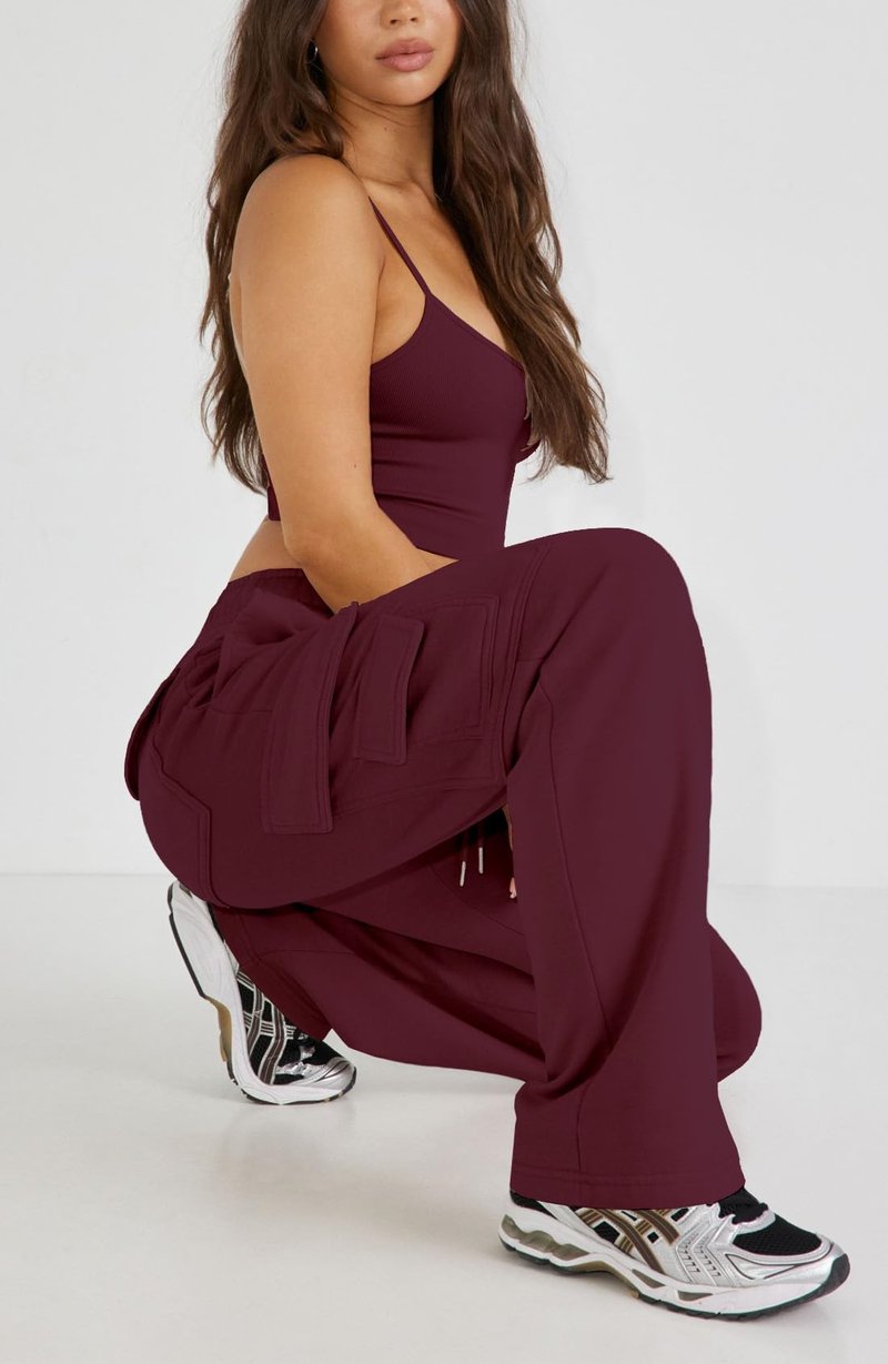 Waitfairy Cargo Sweatpants for Women Straight Leg Fleece Lined Joggers Women Barrel Baggy Sweat Pants for Girls Fall Outfits Red M