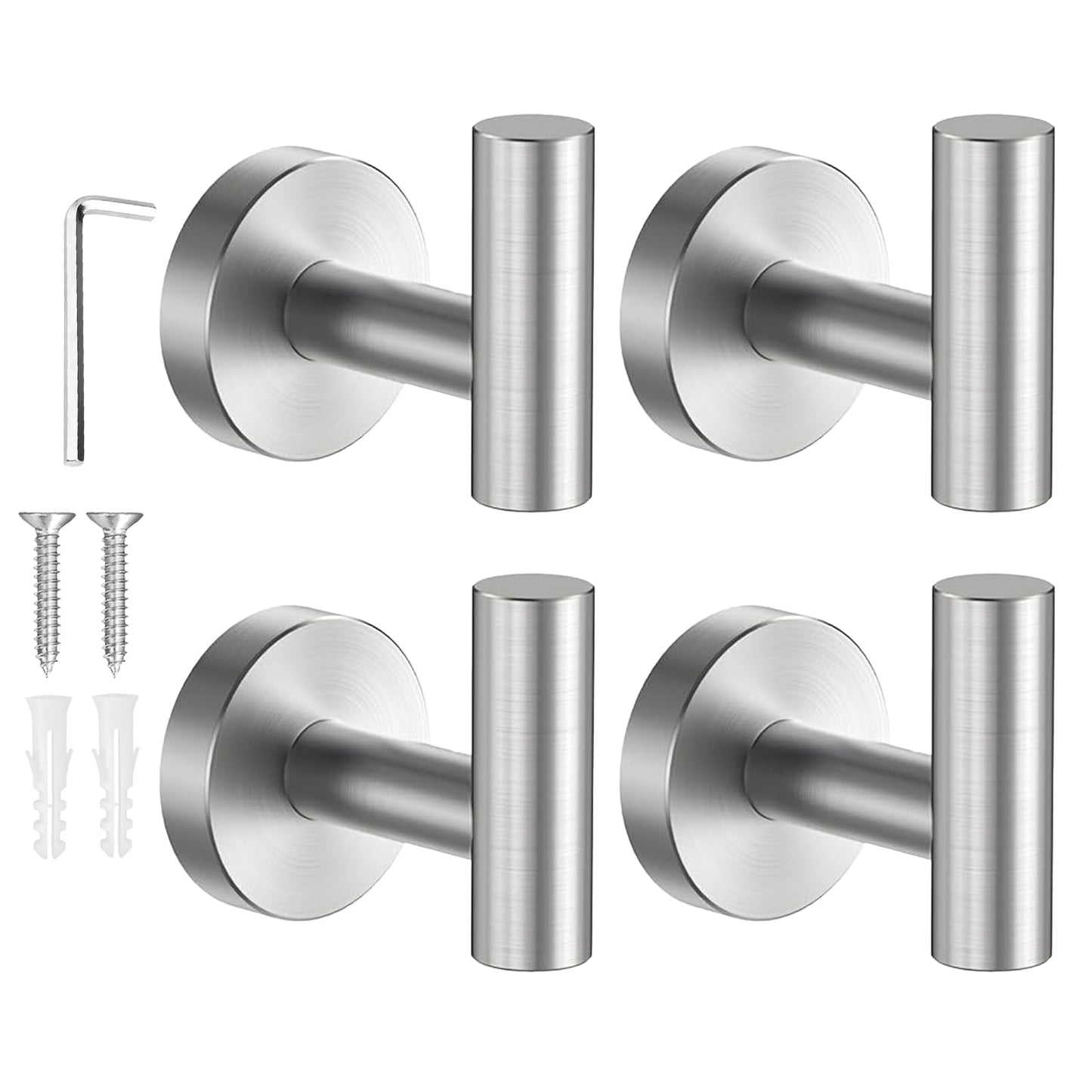 SetSail Towel Hooks for Bathrooms Screw-in 4 Packs Brushed Nickel Bathroom Towel Hook Wall Mounted Stainless Steel Shower Towel Hooks for Coat Hanging, Drill Hole