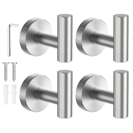 SetSail Towel Hooks for Bathrooms Screw-in 4 Packs Brushed Nickel Bathroom Towel Hook Wall Mounted Stainless Steel Shower Towel Hooks for Coat Hanging, Drill Hole