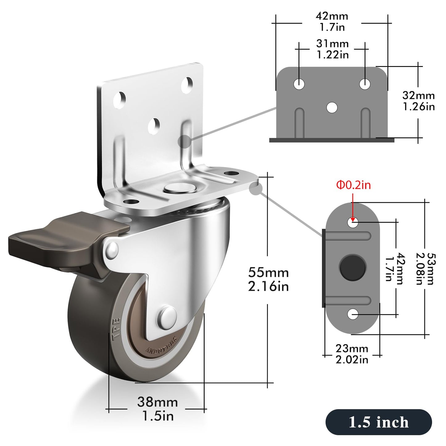 ANDUTEES Side Mount Casters, 1.5 Inch Furniture Wheels, L-Shaped Rubber Casters Set of 4, 360-Degree Locking Swivel Top Plate Small Castor Wheels for Furniture, Baby Bed, Kitchen, Cabinet, Table.