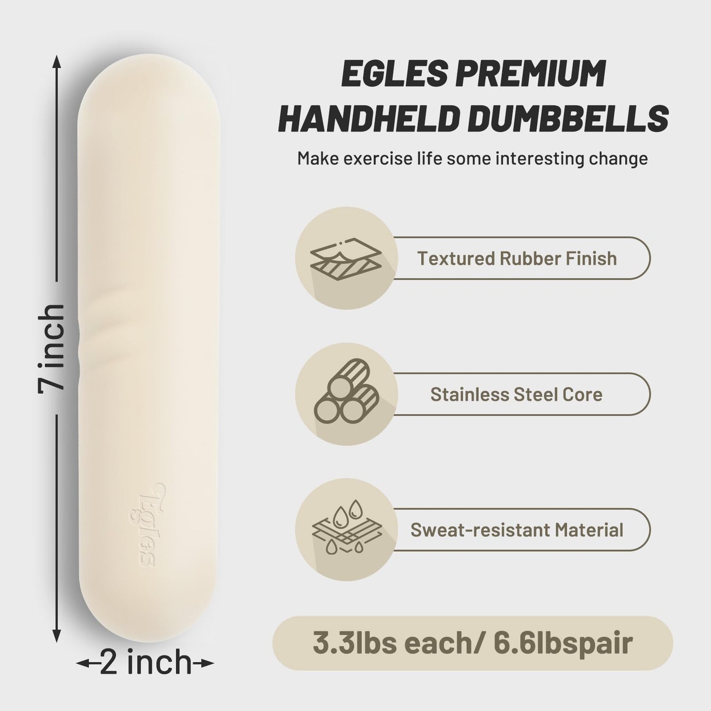 Egles Dumbbell Weight Bars for Women & Men, Set of 2 (3.3 LB | 6.6 LB Pair) -Hand Weights for Walking, Strength Training, Yoga, Pilates, Non-Slip Weights, Portable Strength Training, beige