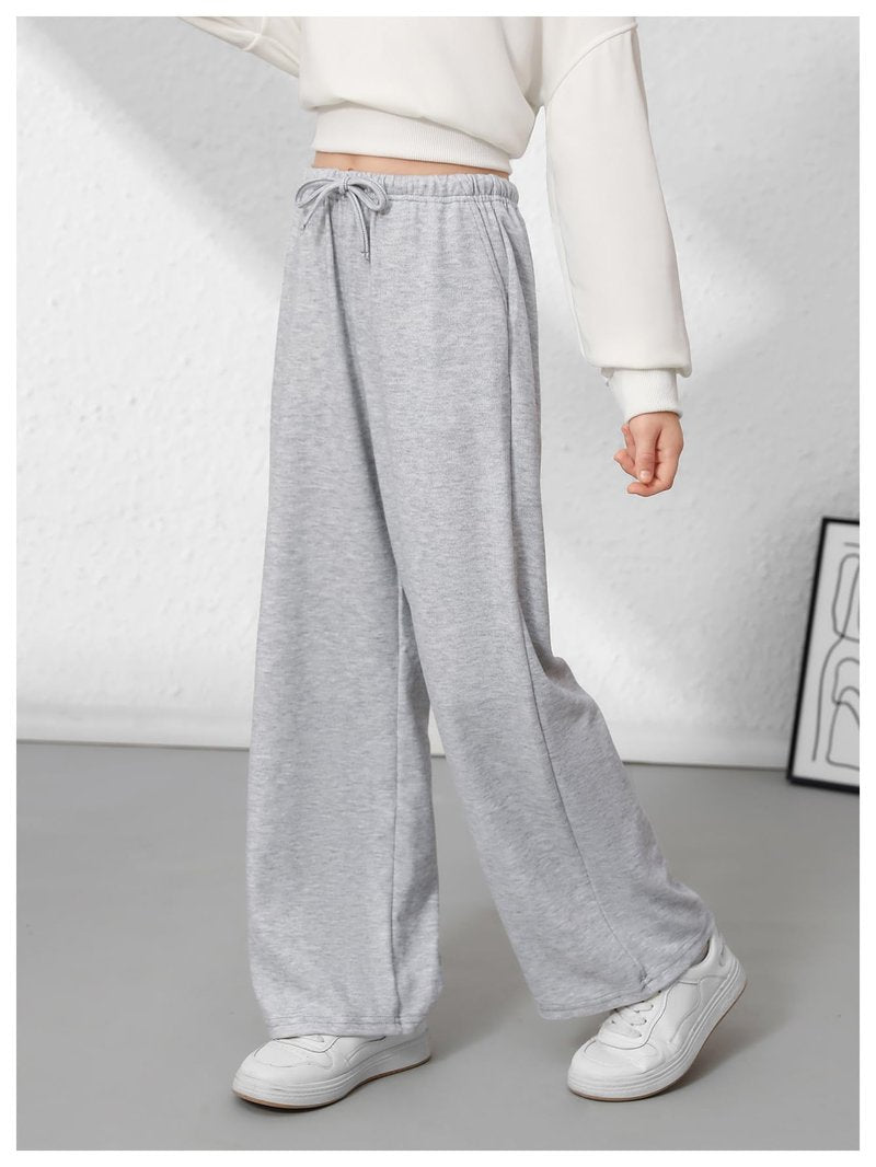 RoseSeek Girl's Wide Leg Baggy Sweatpants Sports Elastic Waist Long Track Pants Trousers with Pockets Light Grey 12Y