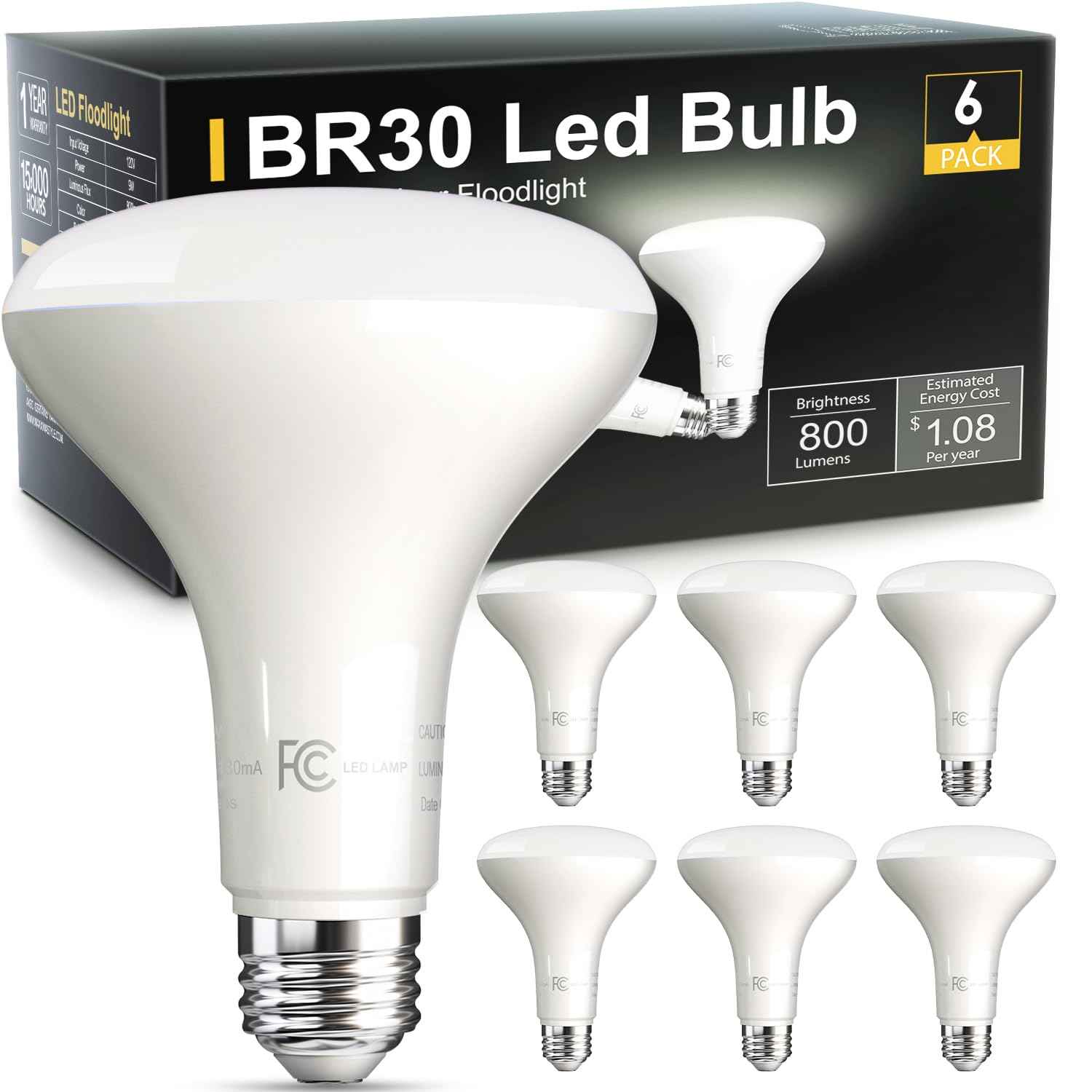 TJOY BR30 5000K 6PACK BR30 LED Bulbs, Indoor Flood Lights CRI80 9W Equivalent 65W 5000K Warm White 800 Lumens, E26 Base, 15000 Lifetime Hours for Ceiling, Recessed Can, Living Room and Kitchen