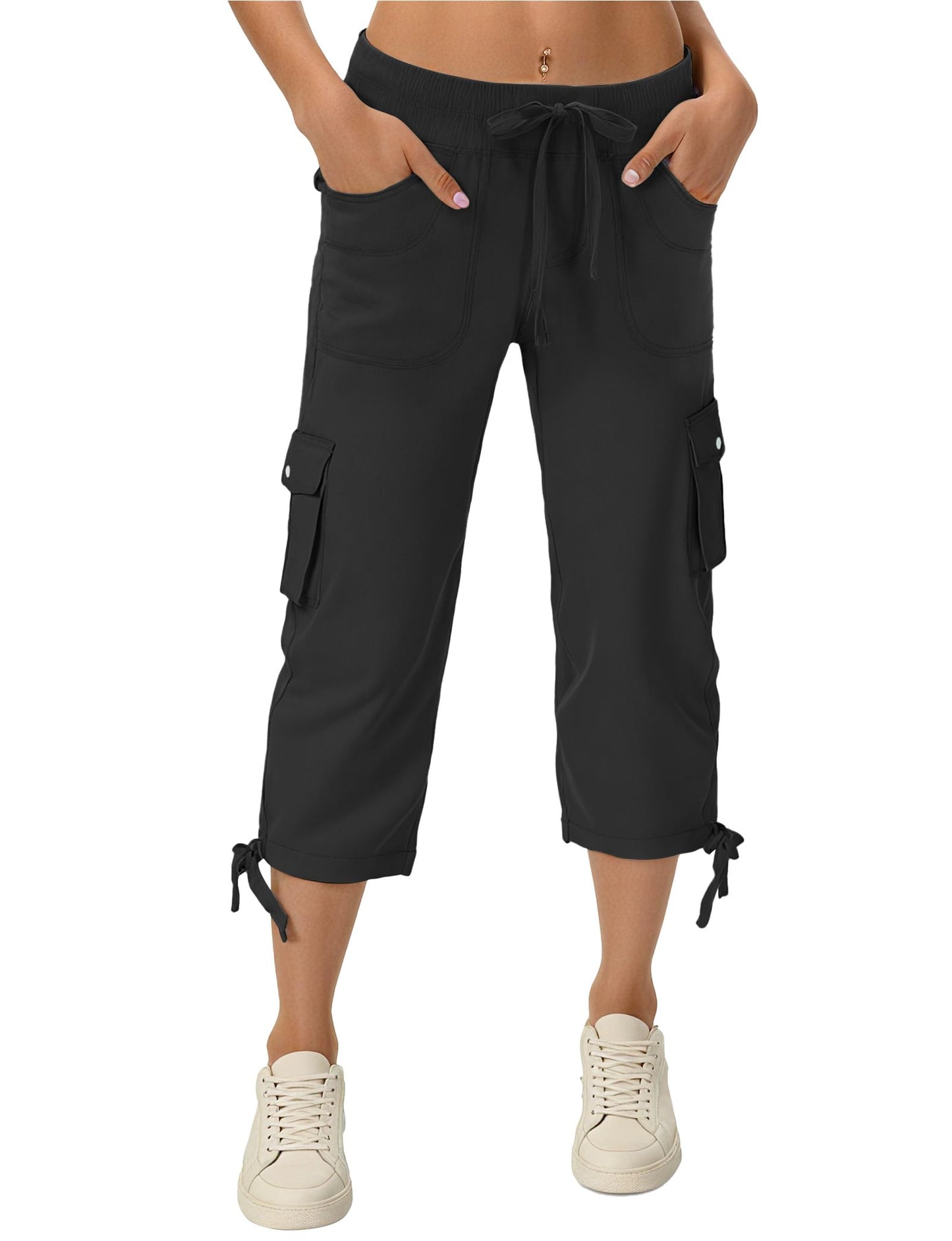 Enaisyl Women's Hiking Capri Pants with Pockets - Quick Dry Athletic Cargo Pants,Loose Fit Comfortable for Travel & Casual Black