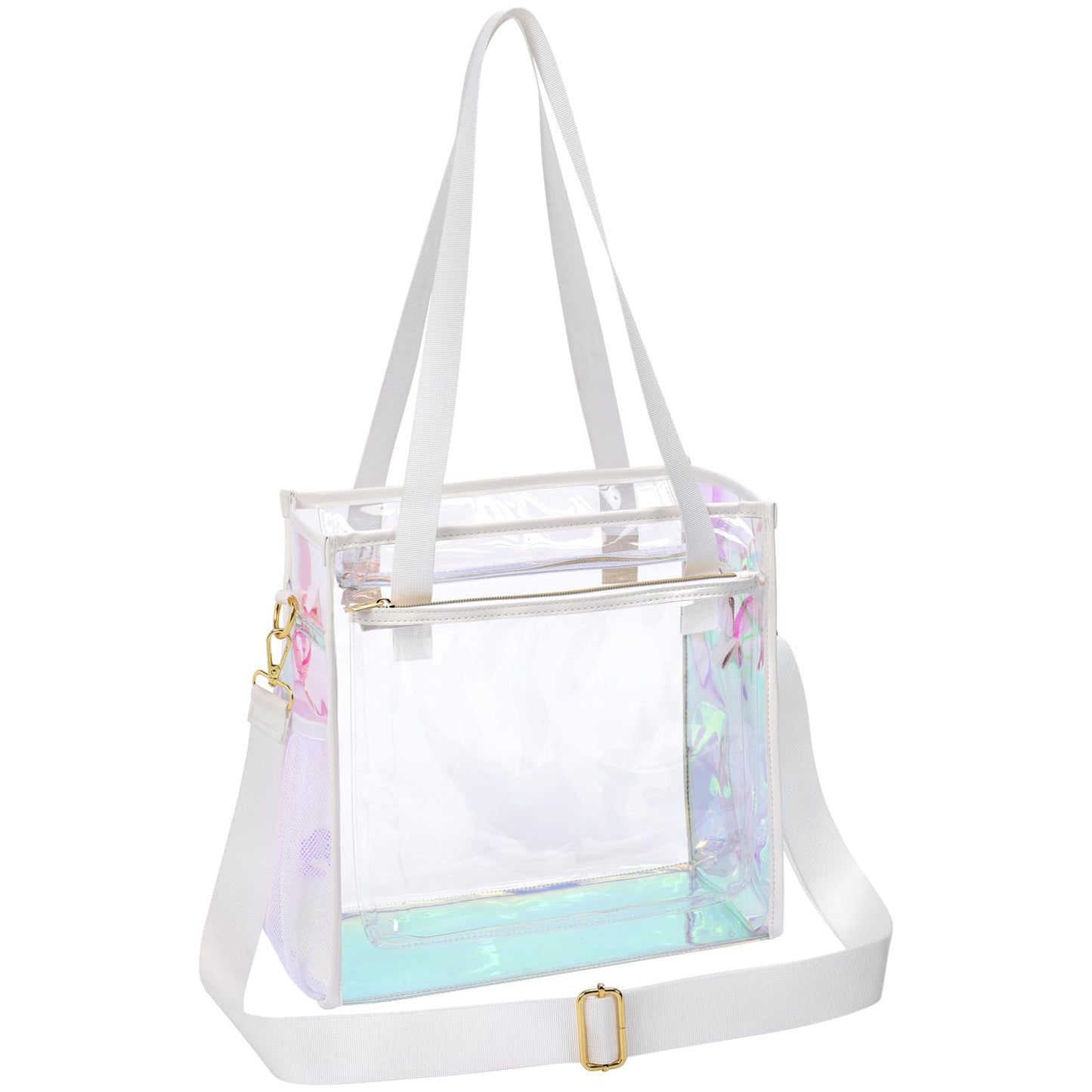 PACKISM Holographic Clear Tote Bag Stadium Approved - Clear Bag for Women 12×6×12 inch for Work Stadiums Concerts Events Quickly Pass, Iridescent White