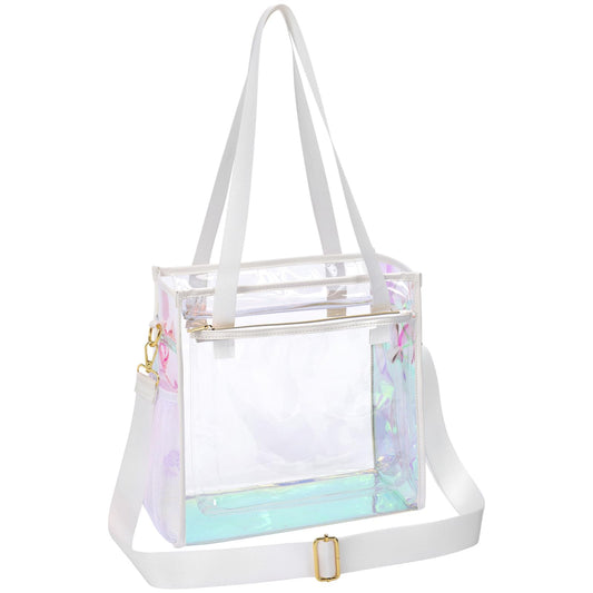 PACKISM Holographic Clear Tote Bag Stadium Approved - Clear Bag for Women 12×6×12 inch for Work Stadiums Concerts Events Quickly Pass, Iridescent White