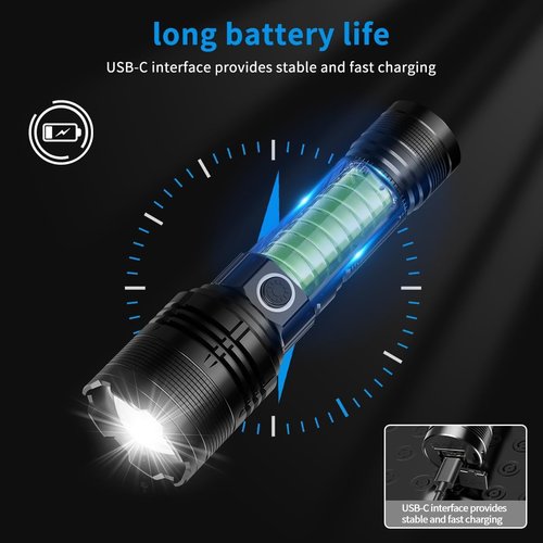E-SHIDAI Rechargeable Flashlight, Tactical Flashlights 10000 High Lumens, USB C Bright Flashlights, Handheld LED Flashlight Rechargeable 5 Modes for Home,Camping, Police, etc