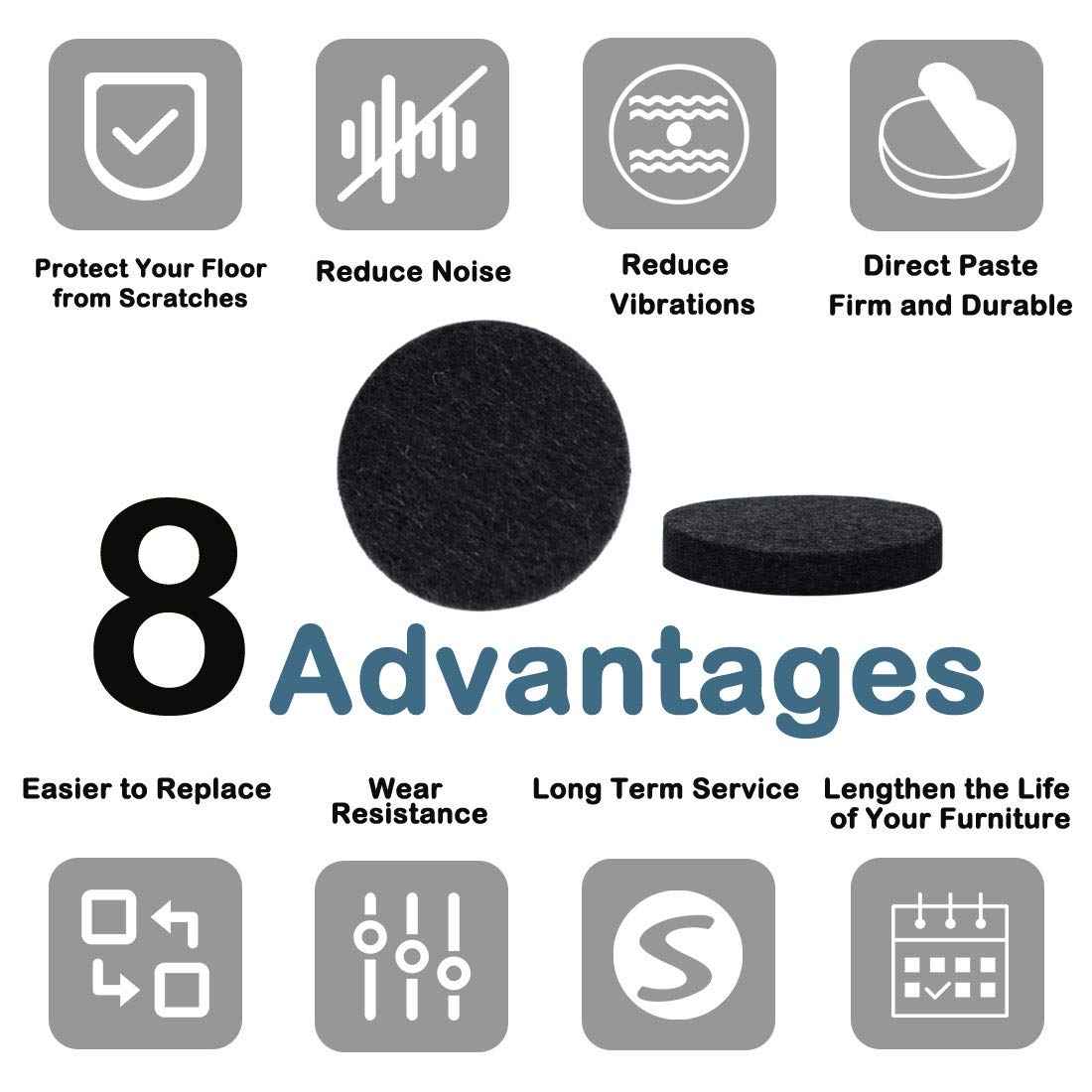 uxcell 100pcs Furniture Felt Pads Round 1 1/4" Self-stick Non-slip Anti-scratch Pads for Cabinet Chair Feet Leg Protector Black