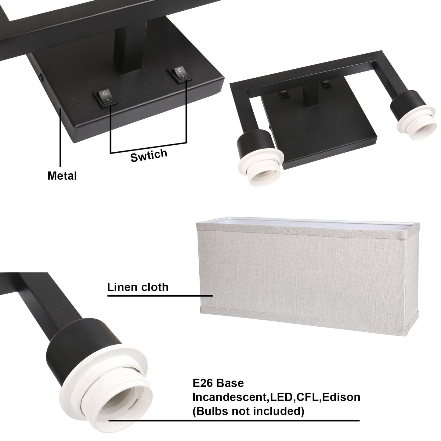 Yosoan Linen Fabric Boho Wall Sconce Bedside Light with On Off Switch, 2-Light Finished Hardwired Vintage Industrial Dual Wall Mount Lamp Lighting Square Shade for Bedroom Living Room Stairwell(Black)