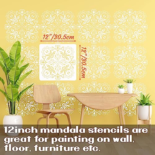 Wall Stencils for Painting Large Pattern, 9Pcs 12 Inch Mandala Stencils for Crafts on Wall Wood Furniture Floor Tile, Plastic Reusable Stencils for Home Decor and Other DIY Projects