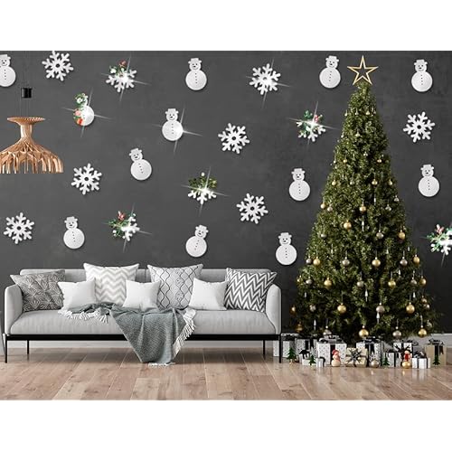 24pcs Christmas Mirror Wall Decals, Silver Christmas Snowman Acrylic Mirror Wall Sticker Snowflake Decorative Window Cling Holiday Party 3D Wall Decal for DIY Home Wall Bedroom Living Room Decoration