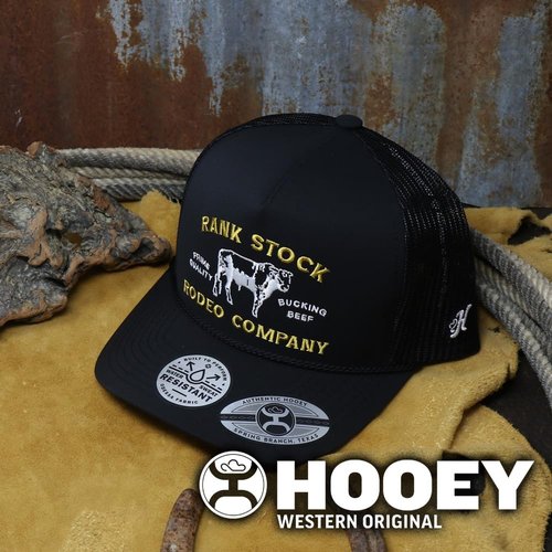 HOOEY Rank Stock Trucker Hat for Men – Adjustable Snapback, Breathable Mesh Baseball Cap - Western Trucker Hat - One-Size - Bucking Beef & Rodeo Company Stitch Design - Black