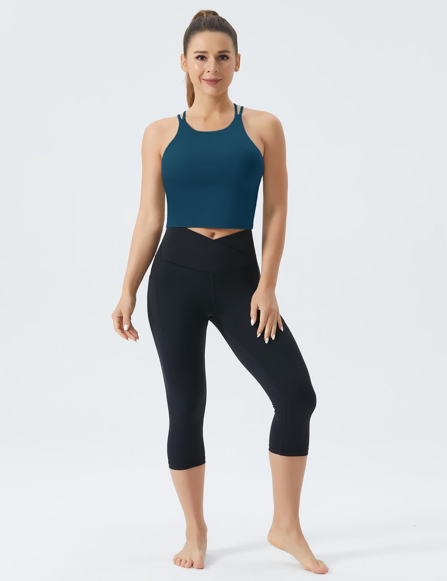 THE GYM PEOPLE Women's Cross Back Sports Bra Halter Neck Workout Crop Tank Tops with Removable Pads Dark Blue Green