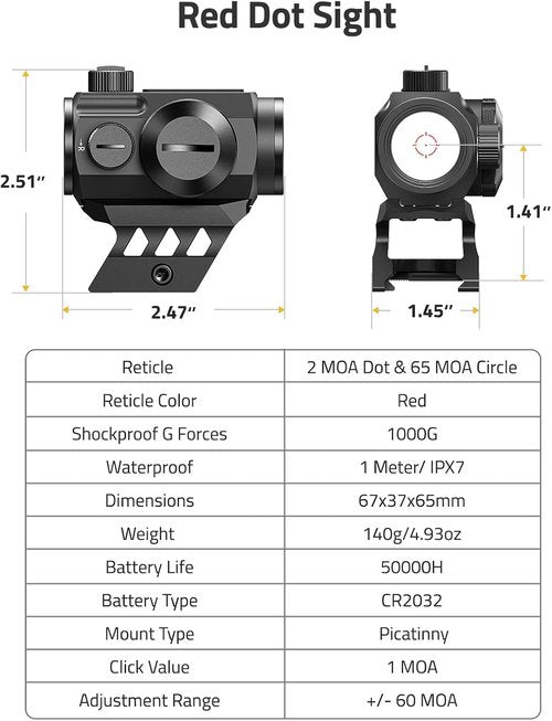 CVLIFE Red Dot Scope - Multi-Reticle 2 MOA Dot & 65 MOA Circle | 50K Hours Battery Life, IPX7 Waterproof