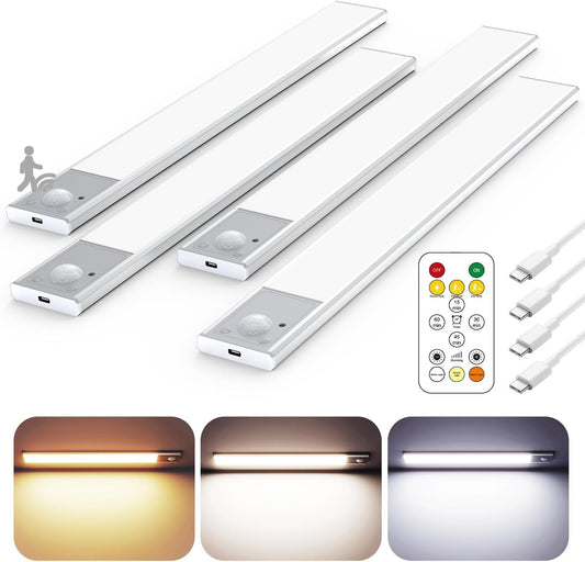 12" Wireless Ultra-Thin Under Cabinet Lighting - Rechargeable Motion Sensor Kitchen Lights, 3 Color Temps, Magnetic Aluminum Alloy (4 Pack, Silver)