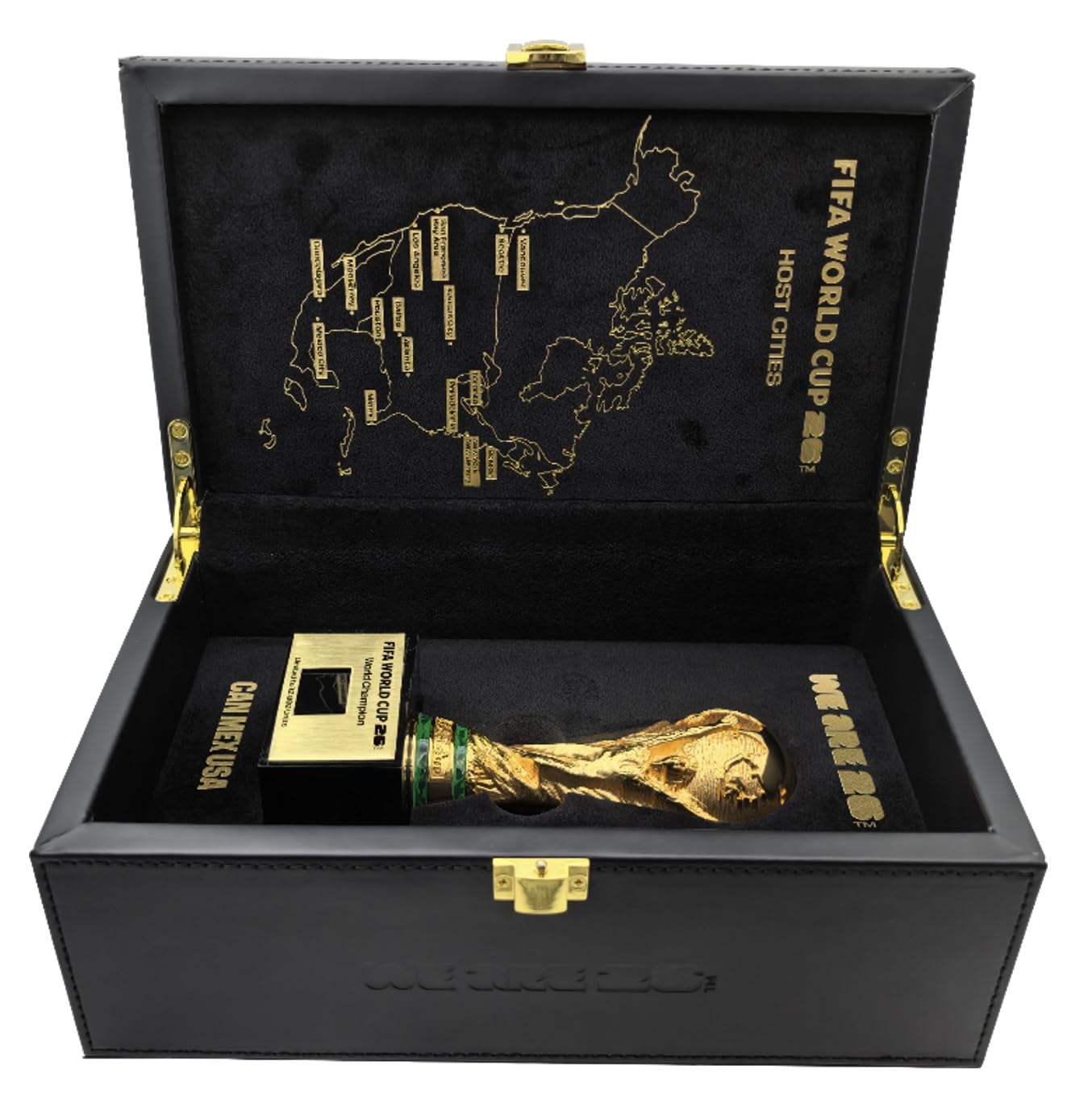 Officially Licensed FIFA World Cup 2026 3D Trophy Replica with DIY Champion Flag – Luxury Wood & Leather Display Box Featuring 16 Host Cities Map – Limited Edition (10,000 Globally)