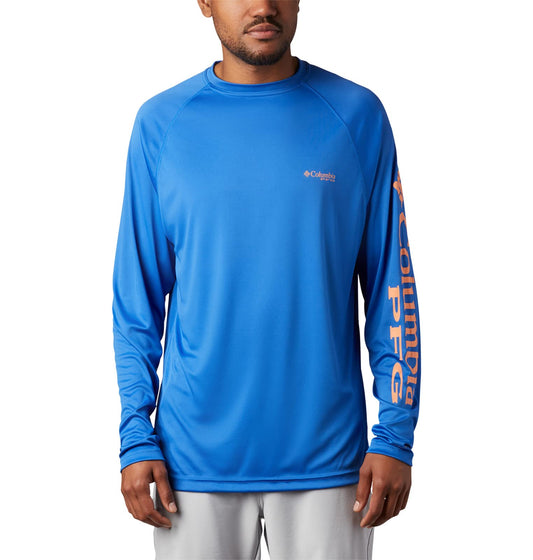 Columbia Men's Terminal Tackle Long Sleeve Fishing Shirt, Vivid Blue/Bright Nectar Logo, 2X Tall